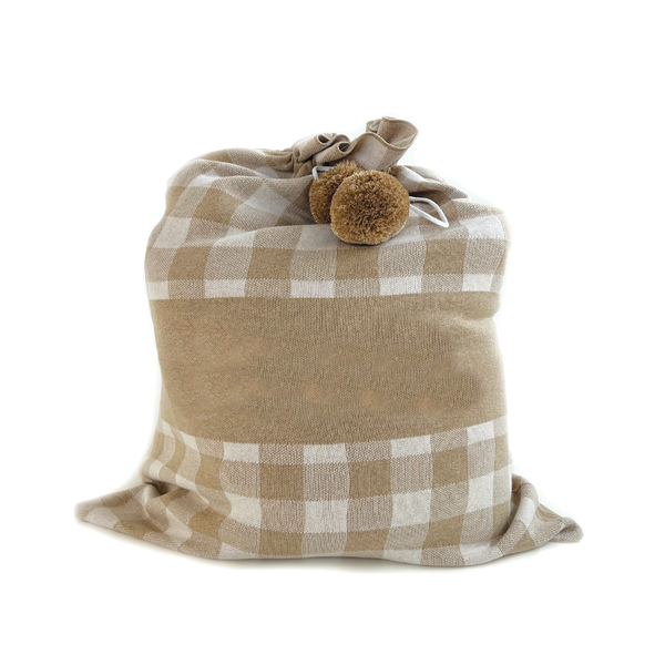 Gingham Christmas Santa Sack - Base: Light Camel; Letter: Oatmeal Marle
