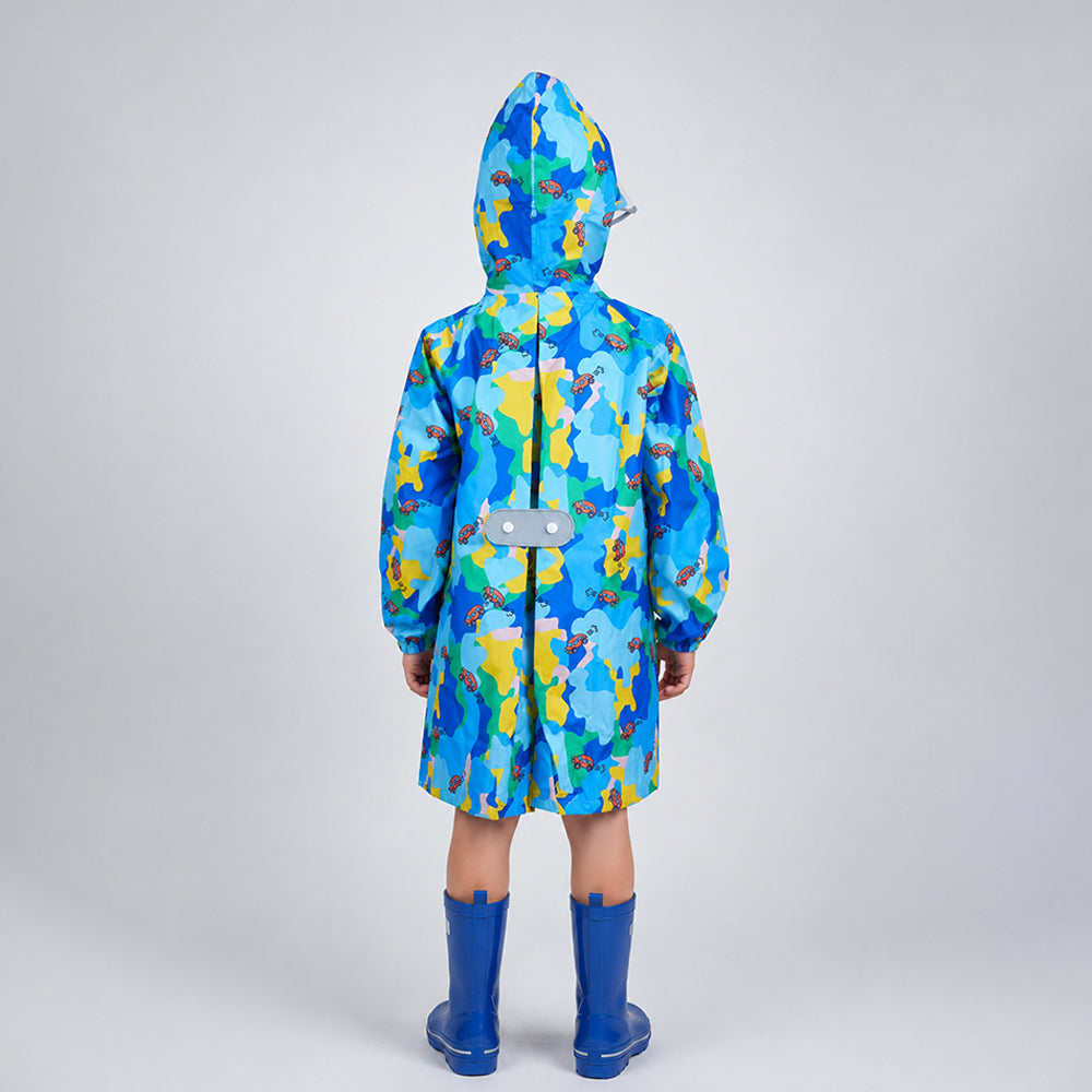 Back view of blue color pop kids raincoat with hood and expandable backpack panel