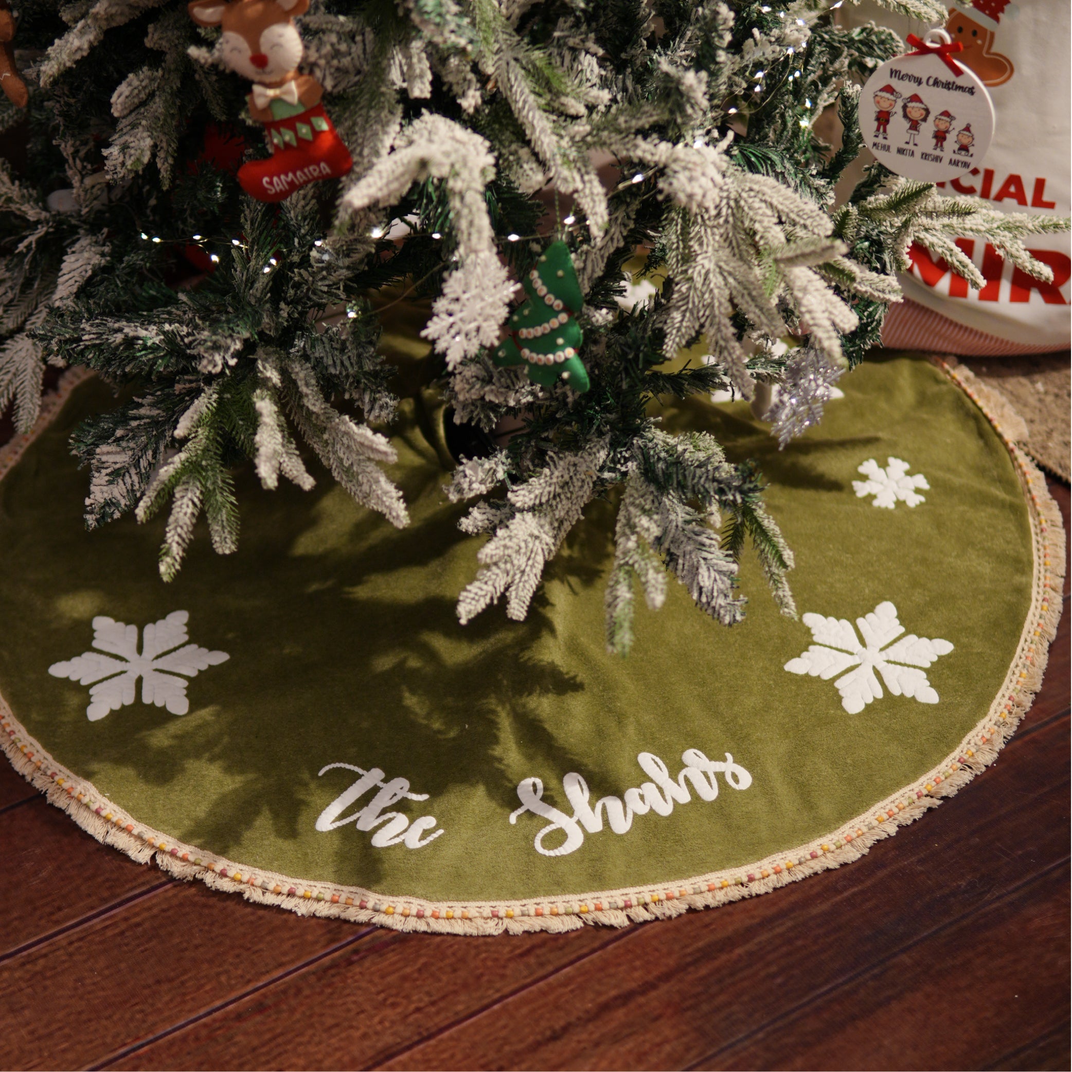 Personalised Green Velvet Boho Tree Skirt with Snowflakes