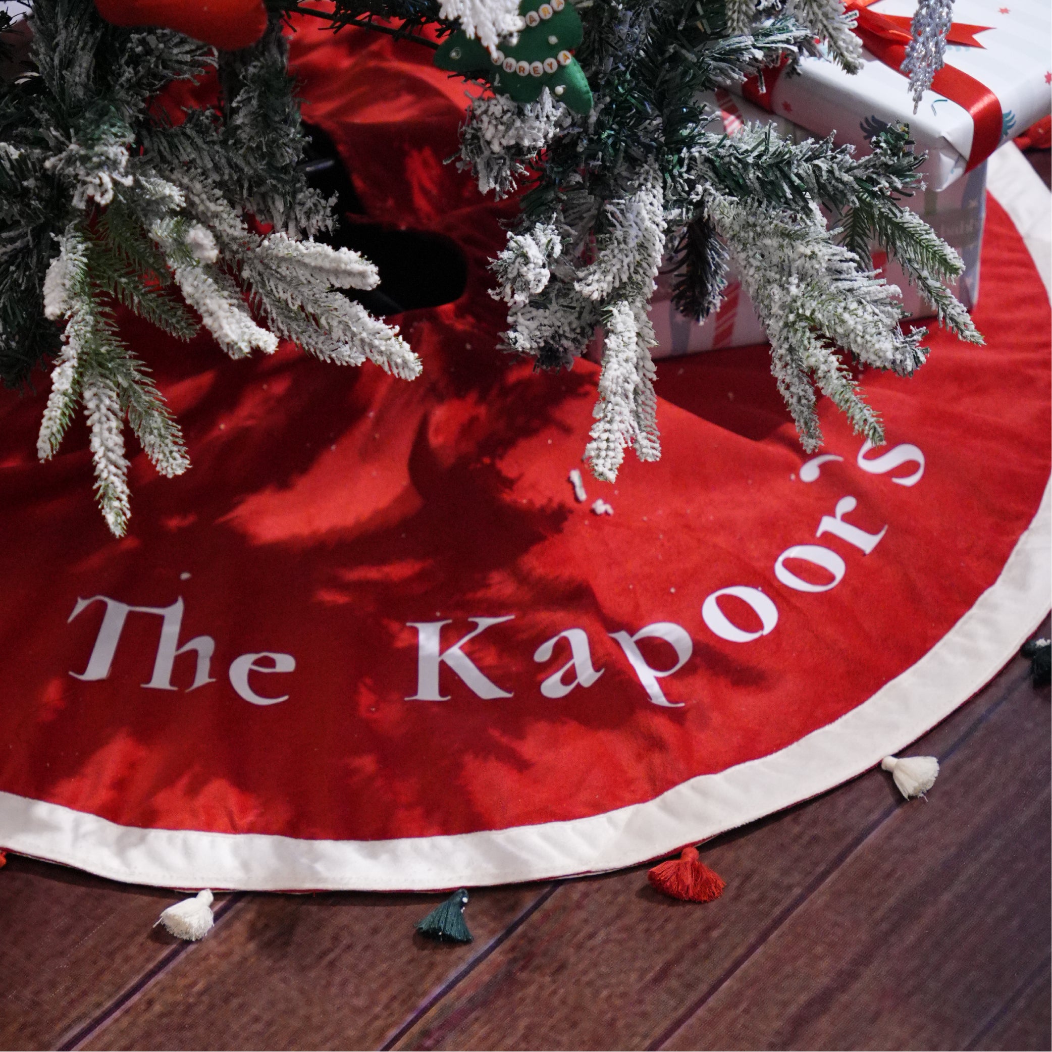 Personalised Red Velvet Tree Skirt with Tassels