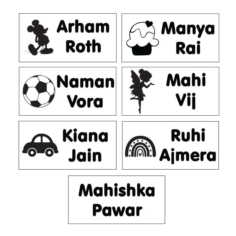 Clothing name stamp design options including Mickey, cupcake, ball, fairy, car, rainbow and no design