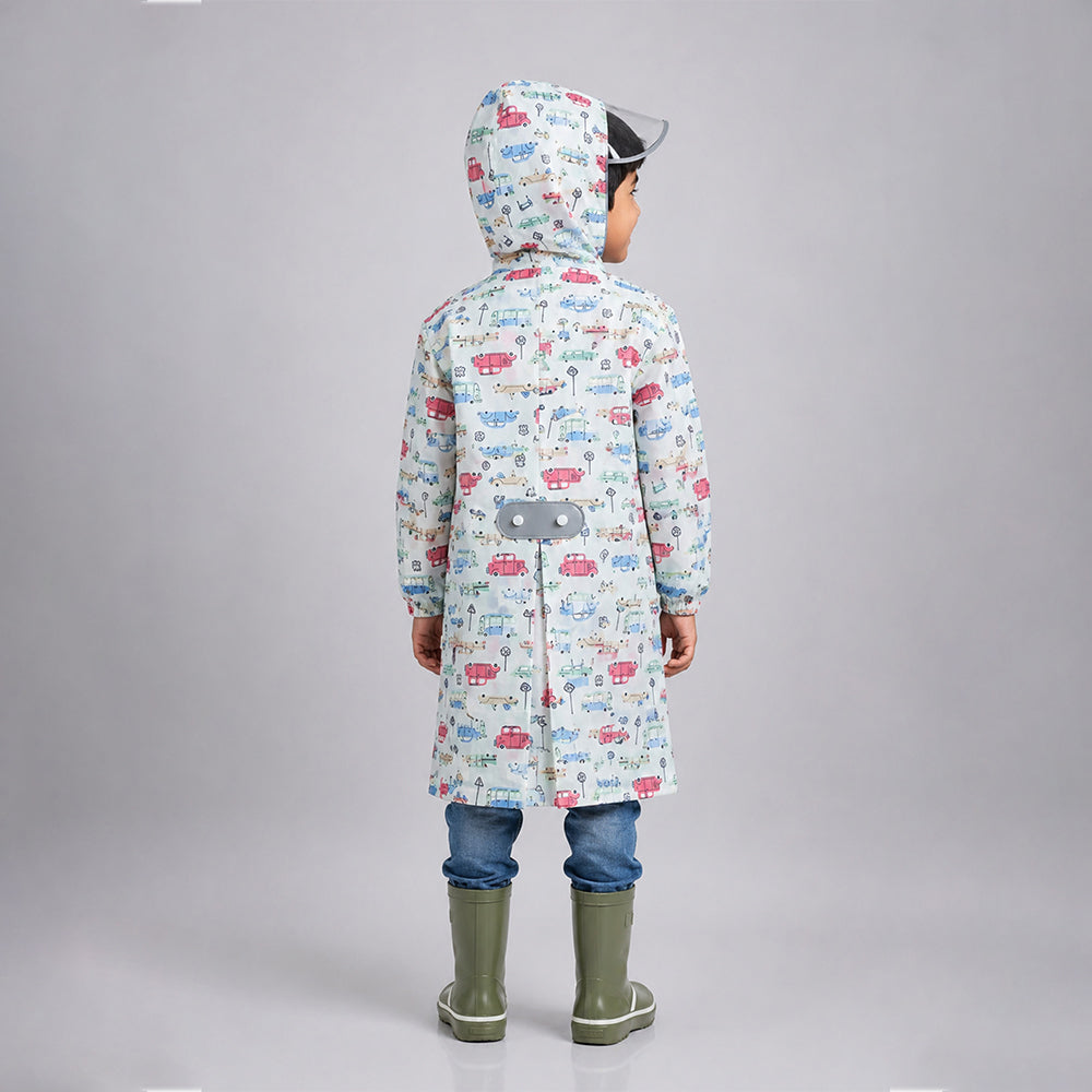 Back view of cream vintage car print kids raincoat with hood and expandable backpack panel