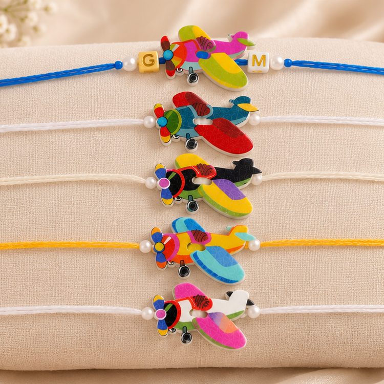 Custom initial MDF wooden rakhi for brother featuring a playful kids’ design and soft adjustable thread.