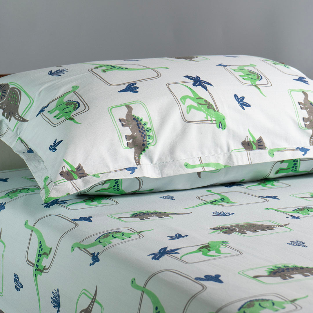 Gudgoodie Kids Flat Bedsheet Set  - 100% Cotton Percale - Single/Double - Dinosaur Pals