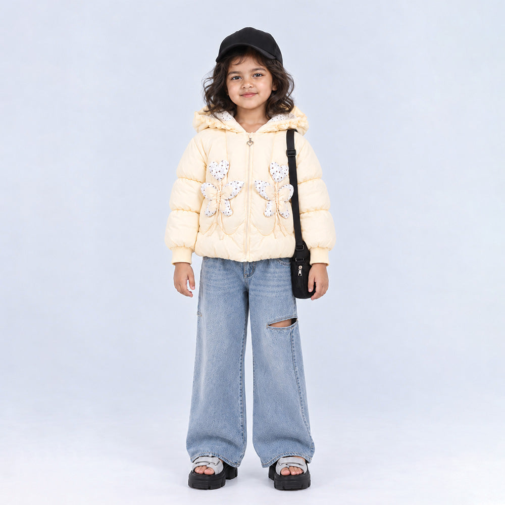 Little Surprise Box Pastel Yellow Butterfly Heart Quilted Hooded Winter Jacket for Kids