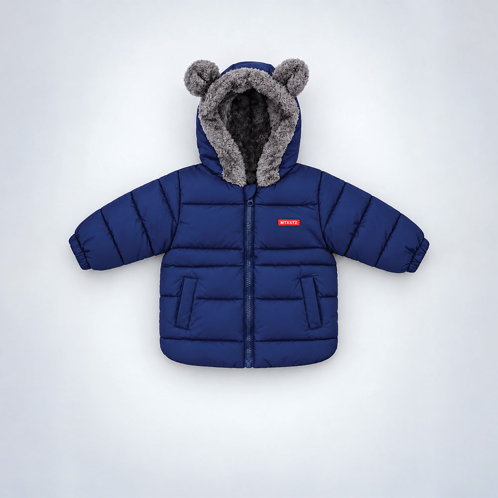 Little Surprise Box Navy Blue Bear-Ear Faux-Fur Hooded Quilted Winter Jacket for Kids
