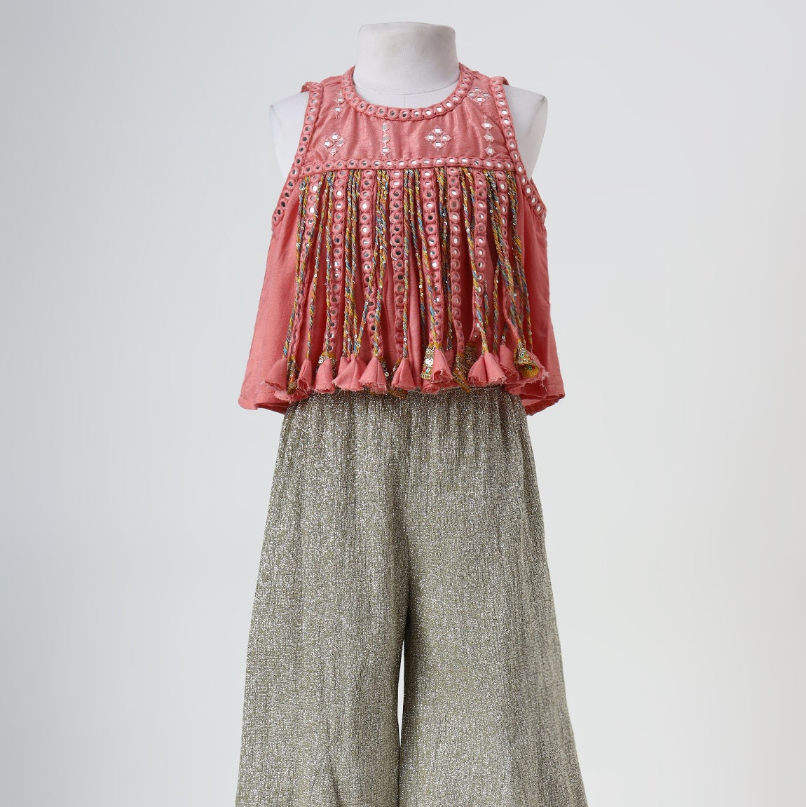 Peach & Silver Grey Mirror Embroidered Crop Top & Palazzo Set - image 2
