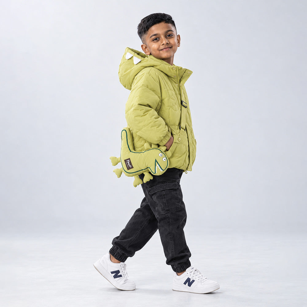 Little Surprise Box Olive Green Dino-Themed Quilted Hooded Winter Jacket for Kids