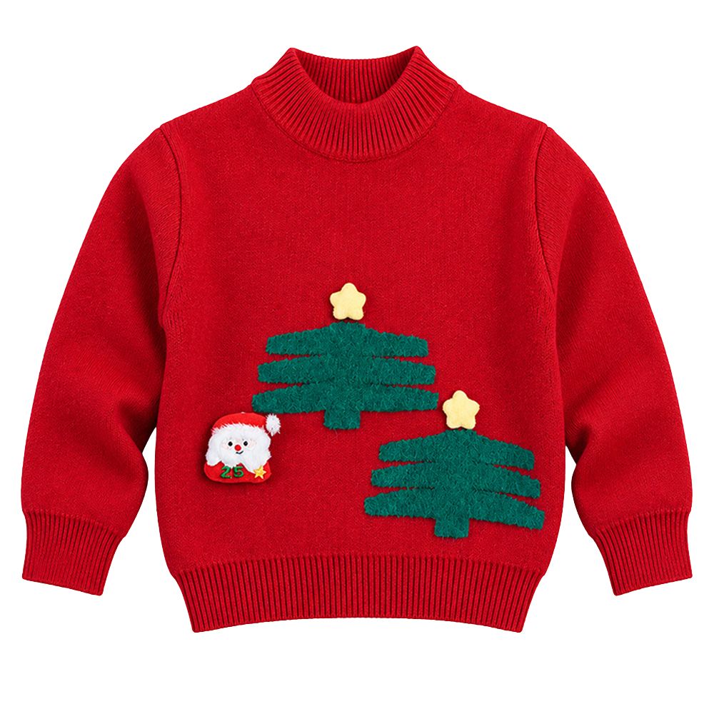 Little Surprise Box, Red Christmas 2 Tree & Santa Knitted Winter Cardigan, Christmas Sweater for Kids