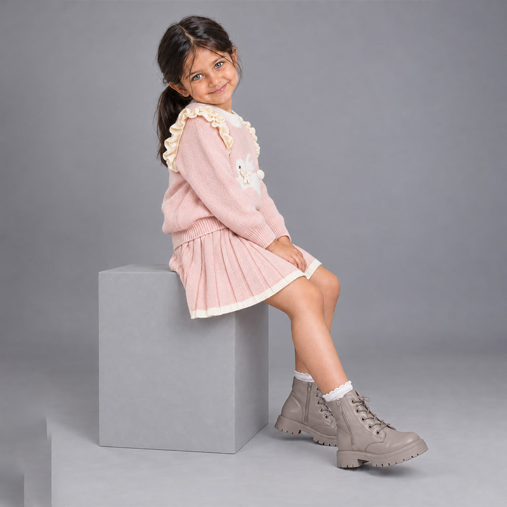 Little Surprise Box, Peach Bunny Sweater & Pleated Skirt, Winterwear 2 Pcs Set for Girls