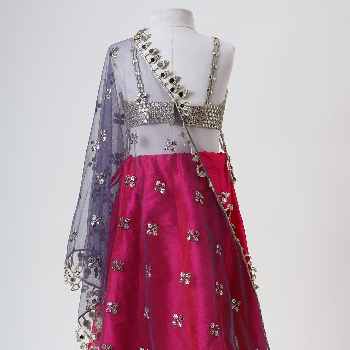 Silver Grey & Magenta Mirror Embroidered Lehenga Set - image 4