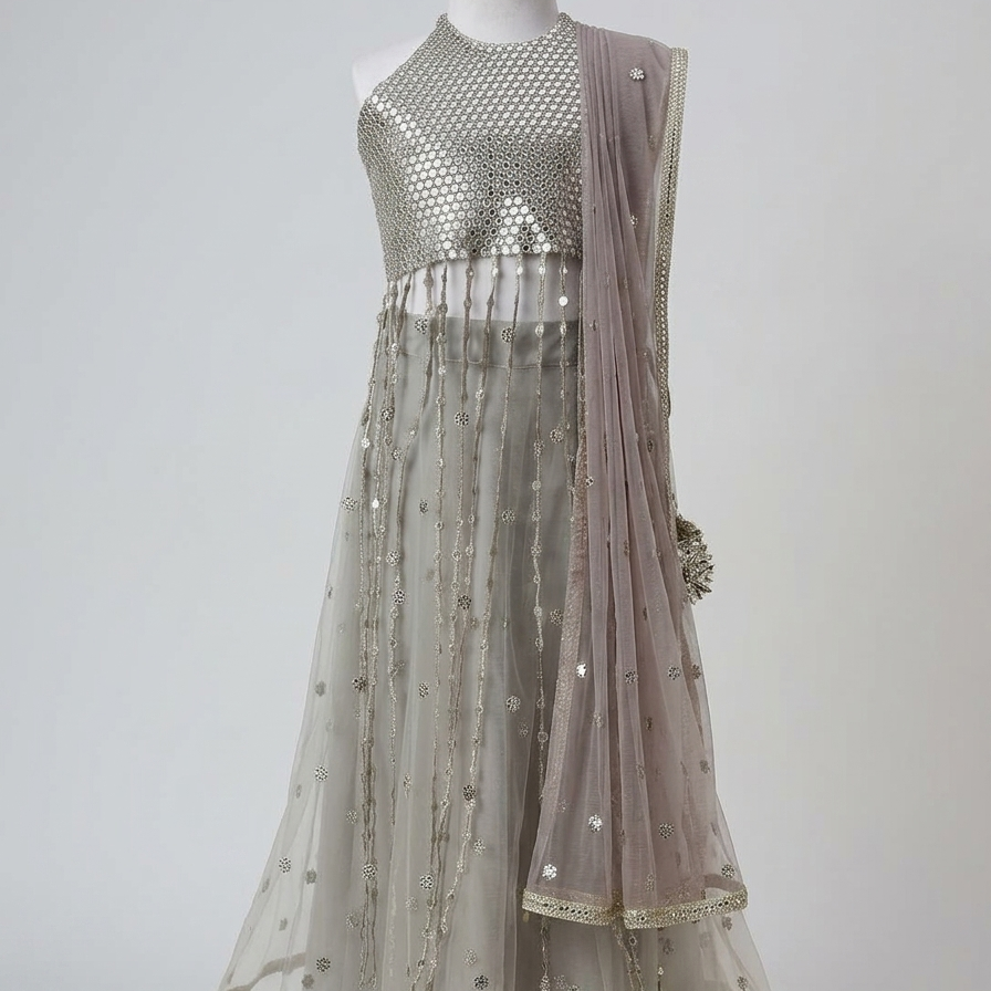 Silver Grey Mirror Embroidered Soft Net Lehenga Set - image 1