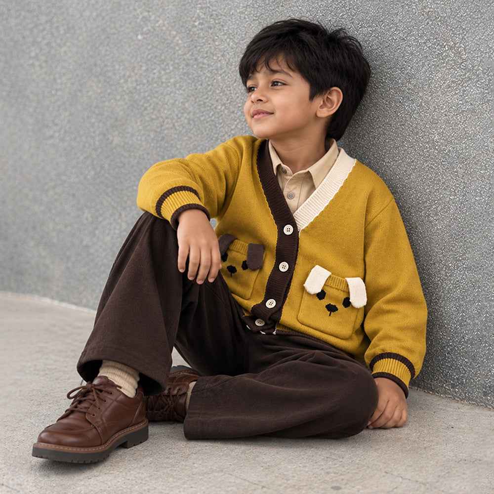 Little Surprise Box, Olive Yellow V-Neck Puppy Pocket V Neck Winter Cardigan Sweater for Kids