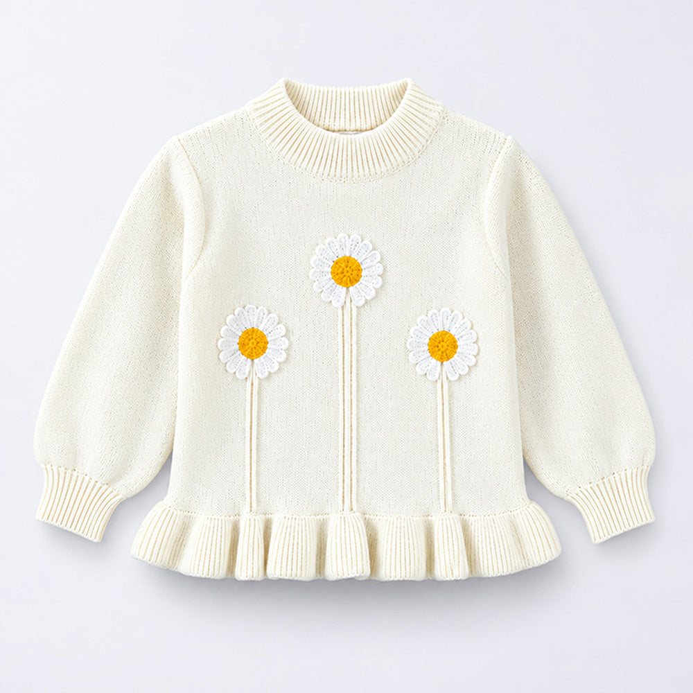 Little Surprise Box, Cream Daisy Knitted Peplum Winter Cardigan Sweater for Girls