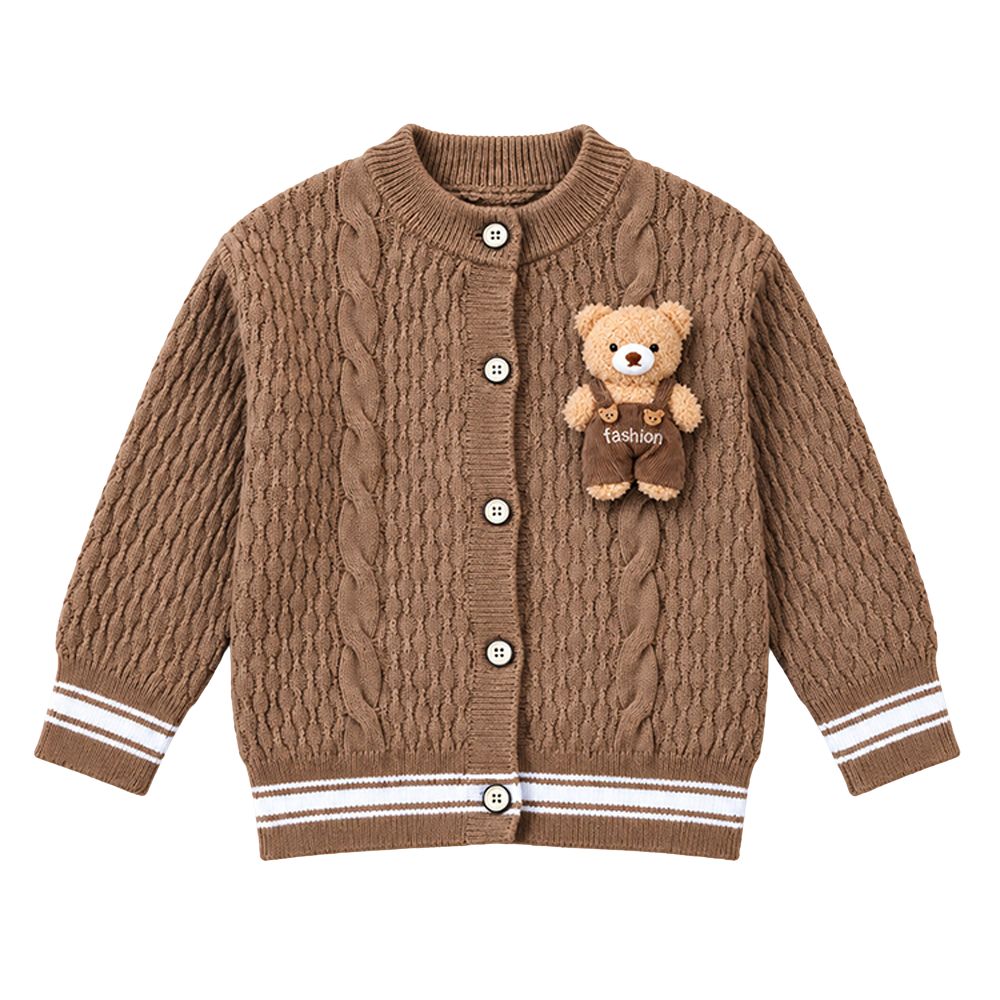 Little Surprise Box, Brown Cable-Knit Winter Cardigan Sweater with Detachable Teddy Clip for Kids