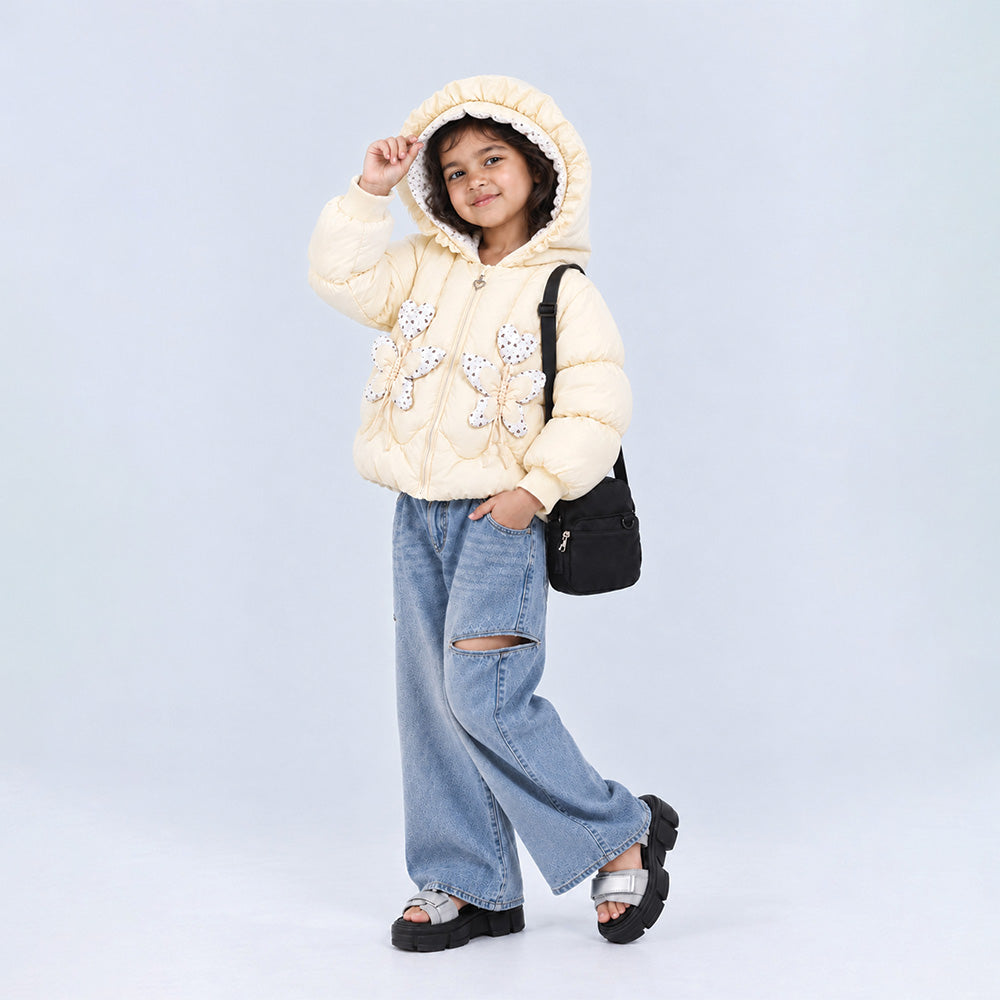 Little Surprise Box Pastel Yellow Butterfly Heart Quilted Hooded Winter Jacket for Kids