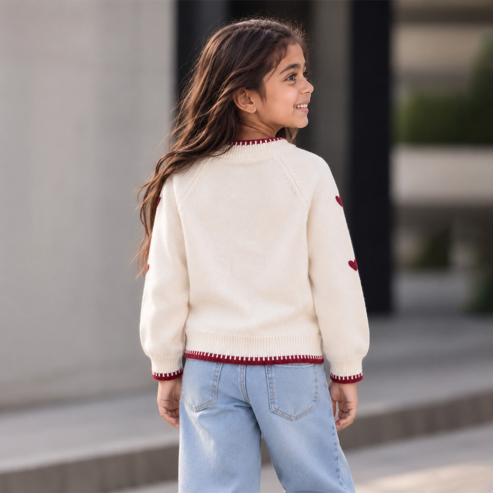 Little Surprise Box, Cream & Maroon Mini Hearts Knitted Winter Cardigan, Christmas Sweater for Kids