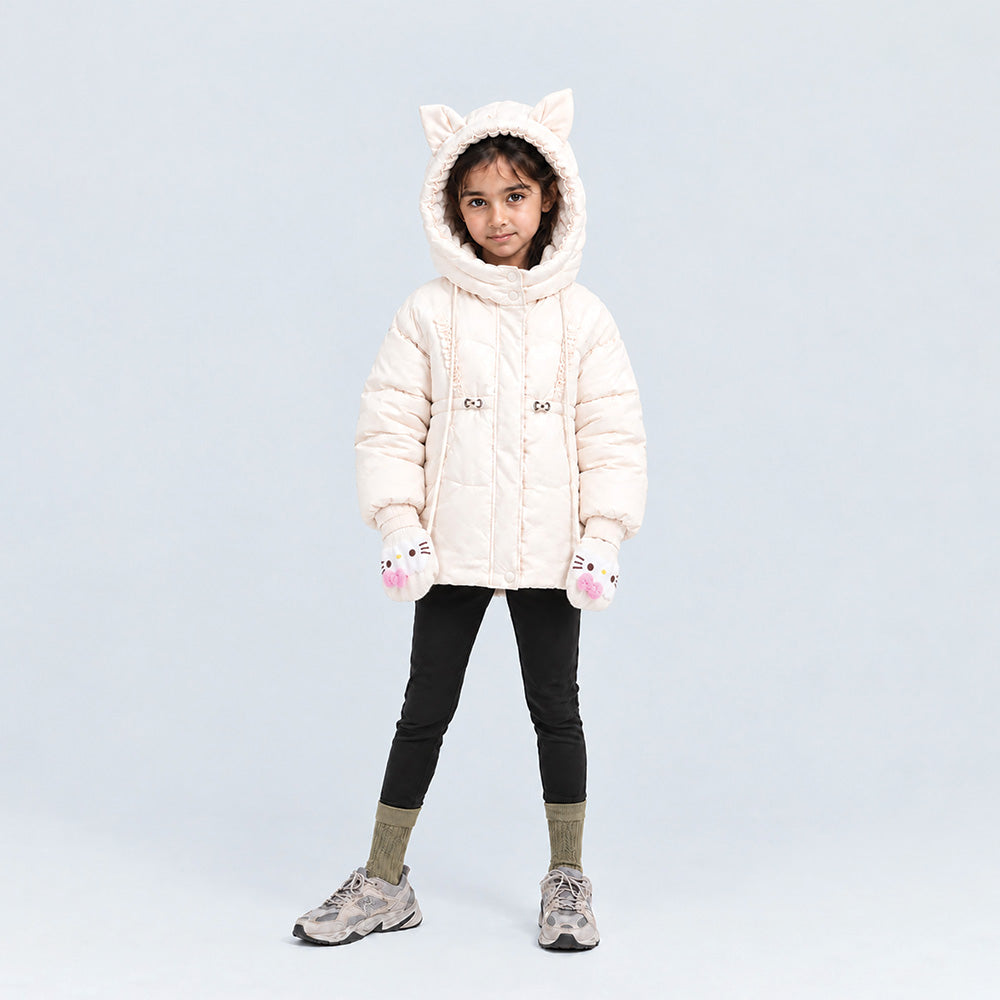 Little Surprise Box Ivory Cat Glitter Quilted Hooded Winter Jacket with Mittens for Kids