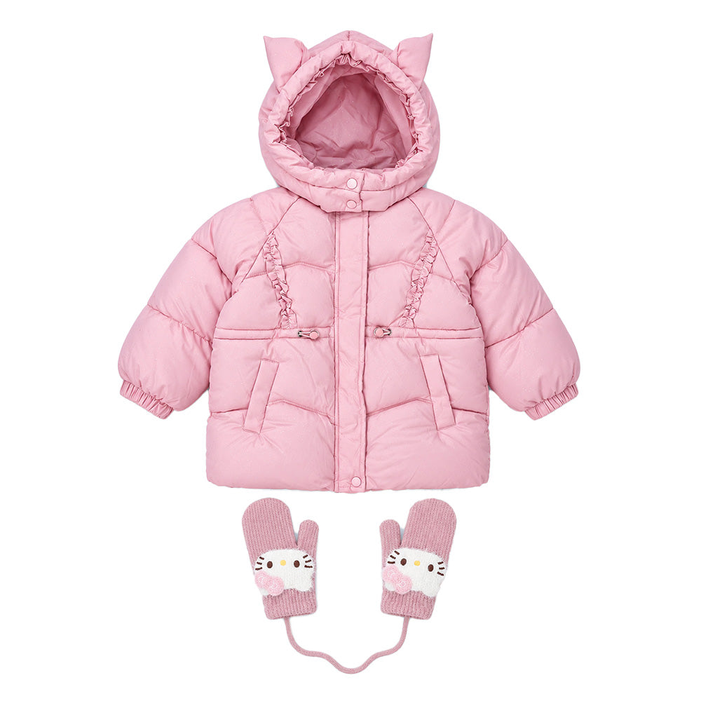 Little Surprise Box Pink Cat Glitter Quilted Hooded Winter Jacket with Mittens for Kids
