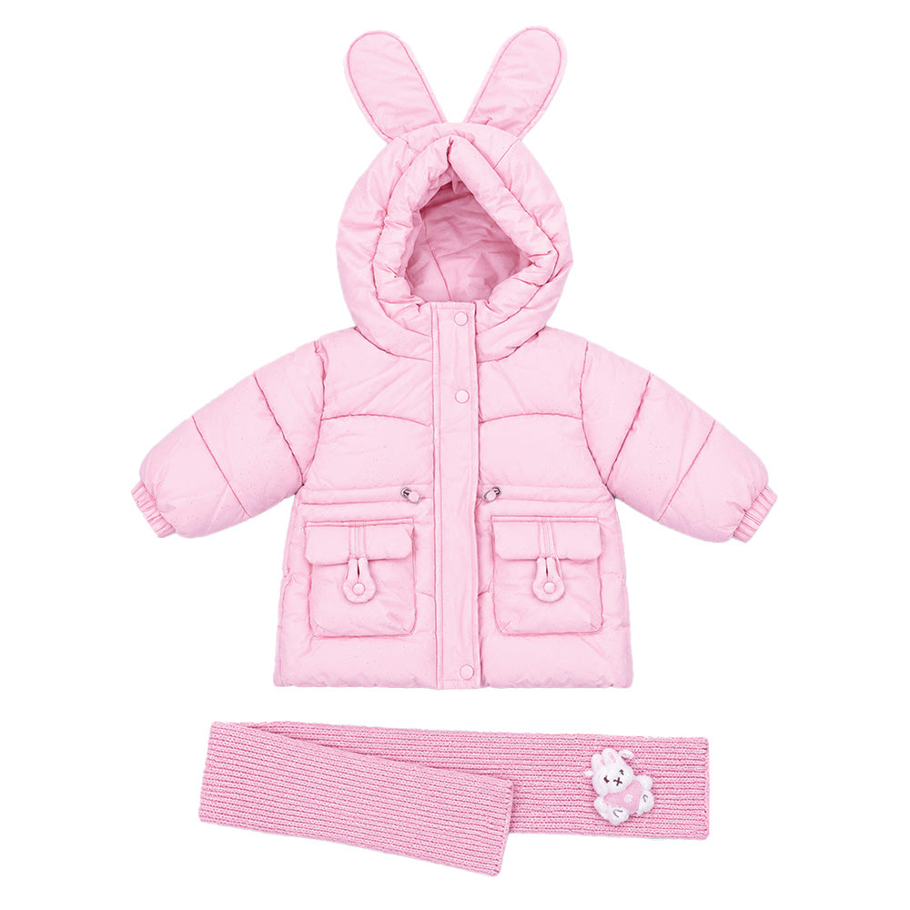 Little Surprise Box Pink Bunny Glitter Quilted Hooded Winter Jacket with Muffler for Kids