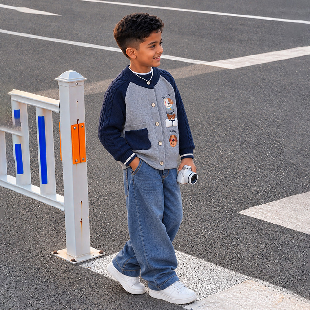 Little Surprise Box, Grey & Navy Blue Puppy Winter Cardigan Sweater for Kids