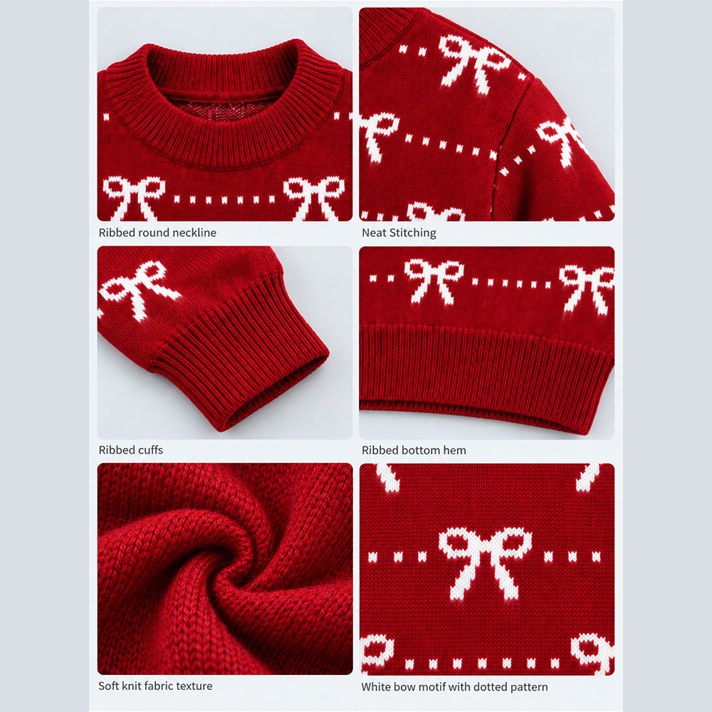 Little Surprise Box, Red White Bow Dotted Knitted Winter Cardigan, Christmas Sweater for Kids