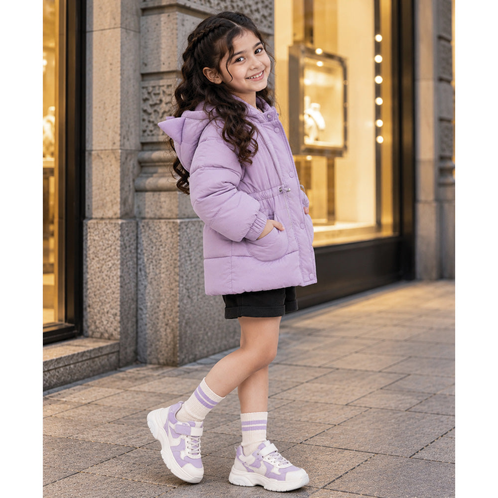 Little Surprise Box Purple Cat Glitter Quilted Hooded Winter Jacket with Muffler for Kids