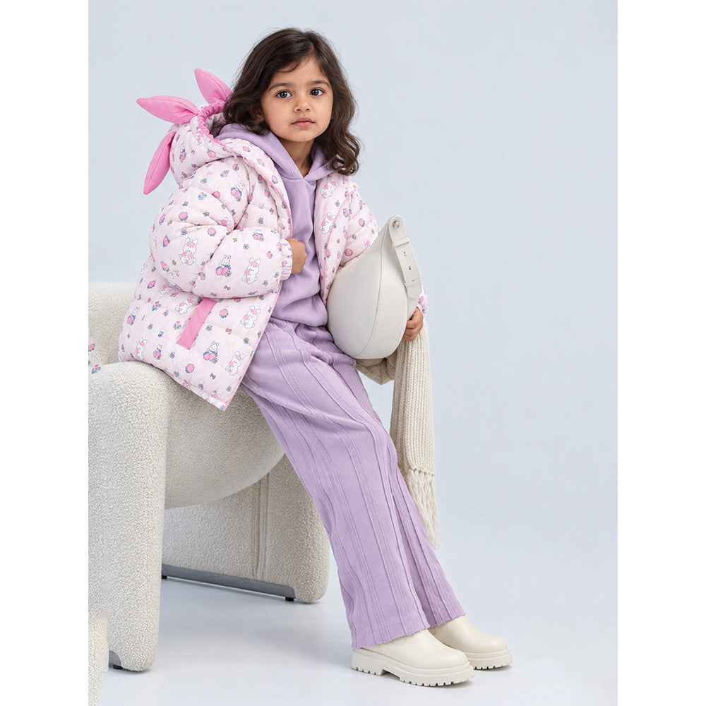 Little Surprise Box Pink Bunny Flower Quilted Hooded Winter Jacket for Kids