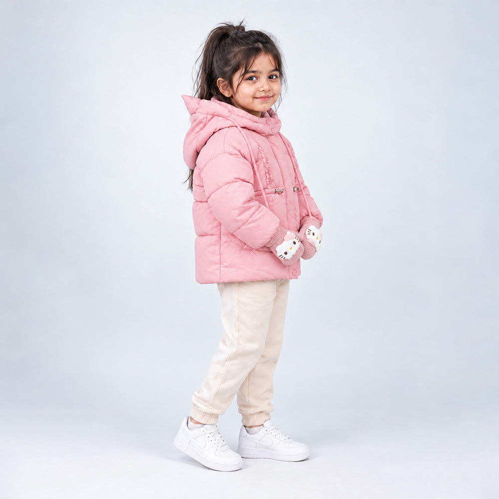 Little Surprise Box Pink Cat Glitter Quilted Hooded Winter Jacket with Mittens for Kids