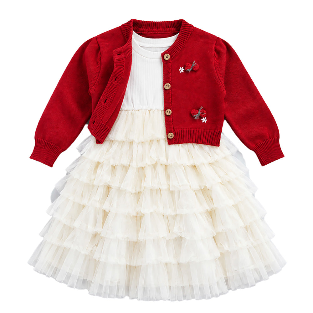 Little Surprise Box, Red 3D Bow Cardigan & White-Ivory Ruffle Frock, Winterwear 2 Pcs Set for Girls