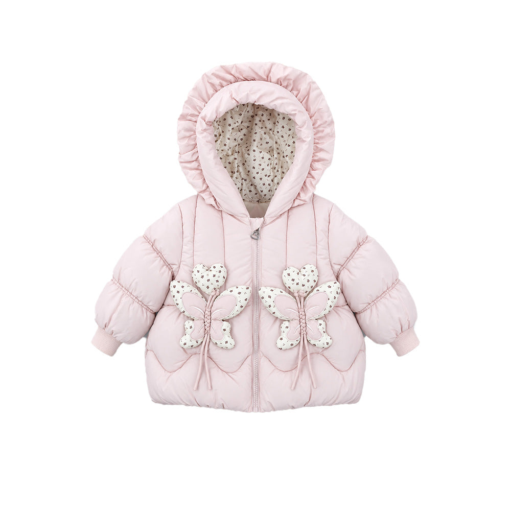 Little Surprise Box Peach Butterfly Heart Quilted Hooded Winter Jacket for Kids