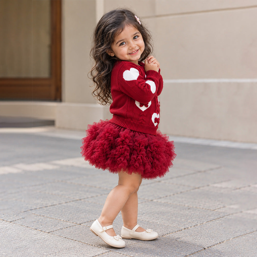 Little Surprise Box, Maroon Heart & Bow Sweater with Fluffy Ruffle Skirt, Winterwear, 2 Pcs Set for Girls