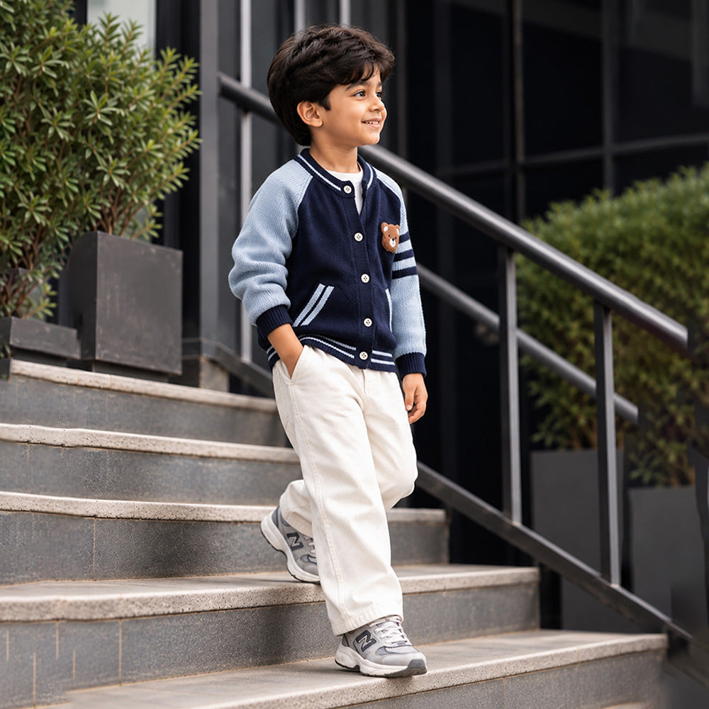 Little Surprise Box, Navy Blue & Grey Bear Varsity-Style Winter Cardigan Sweater for Kids