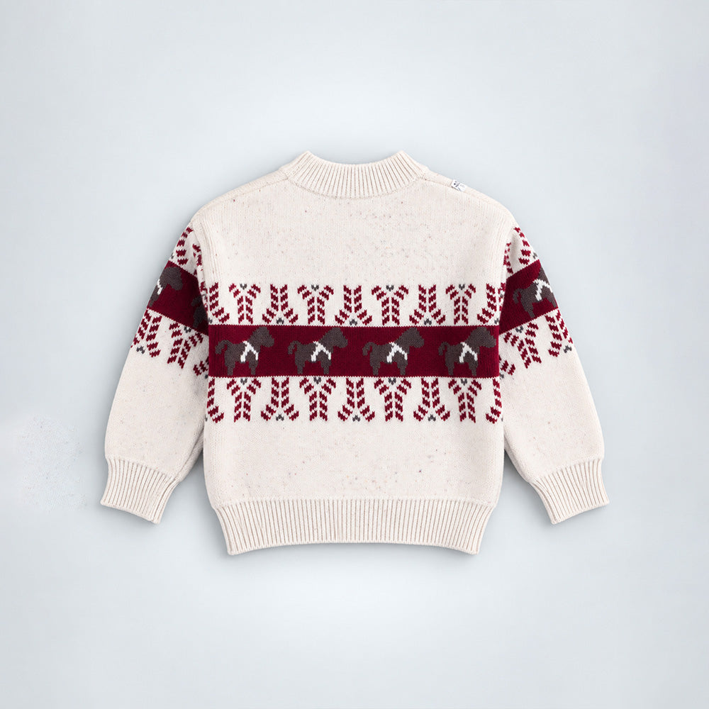 Little Surprise Box, Cream Horse Pattern Knitted Winter Cardigan, Christmas Sweater for Kids