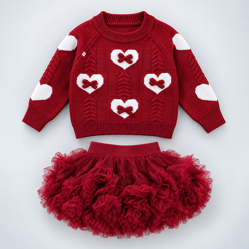 Little Surprise Box, Maroon Heart & Bow Sweater with Fluffy Ruffle Skirt, Winterwear, 2 Pcs Set for Girls