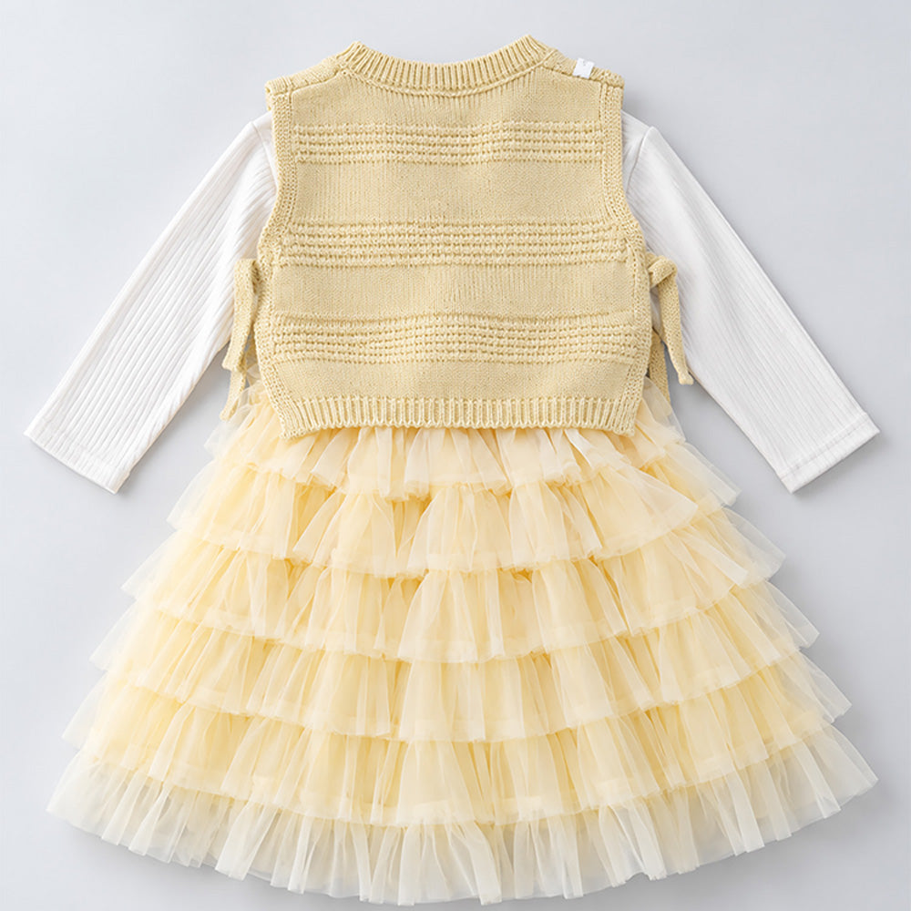 Little Surprise Box, Light Green Kitty Knitted Vest & White-Yellow Ruffle Frock Winterwear 2 Pcs Set for Girls