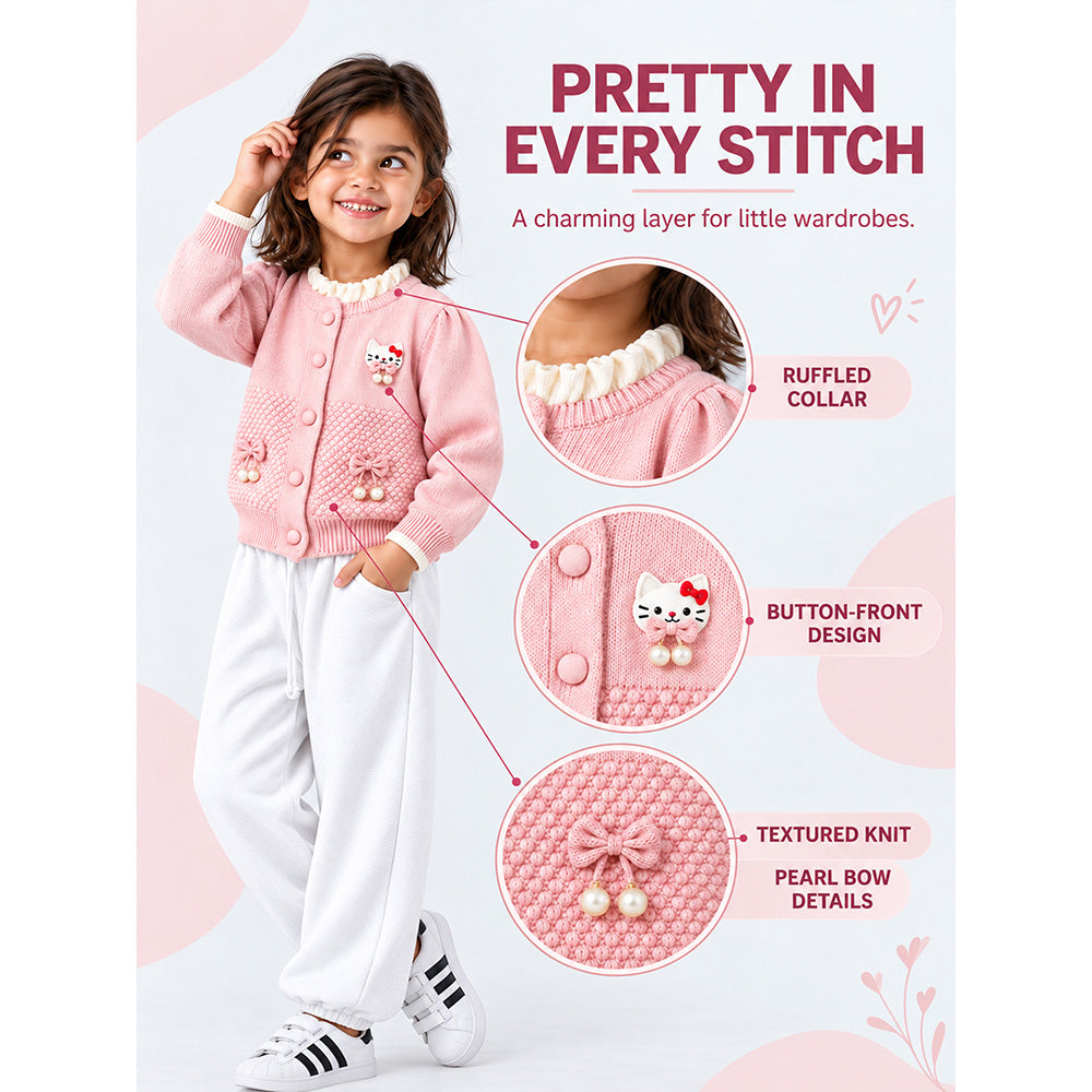 Little Surprise Box, Peach Ruffle Neck Cat Bow Knitted Winter Cardigan Sweater for Girls