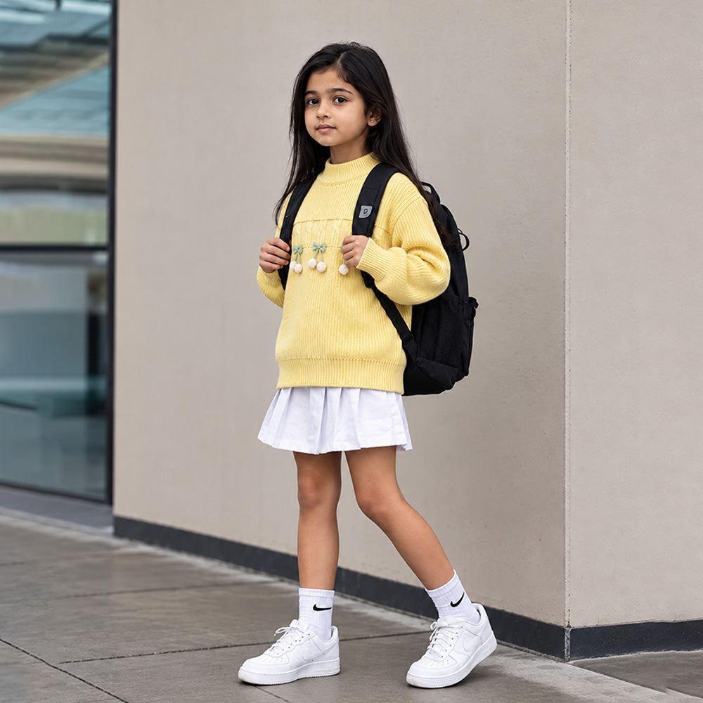 Little Surprise Box, Yellow Bow & Pom-Pom Knitted Winter Cardigan Sweater for Girls