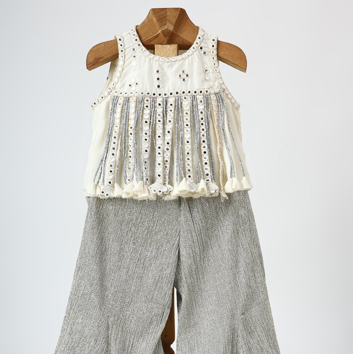 Off White & Silver Grey Mirror Embroidered Crop Top & Palazzo Set - image 4