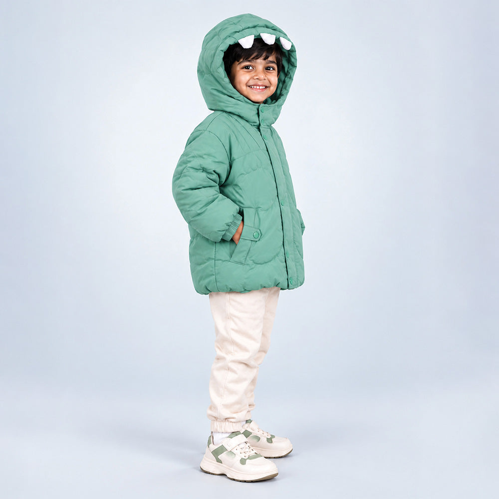 Little Surprise Box Mint Green Dino-Themed Quilted Hooded Winter Jacket for Kids