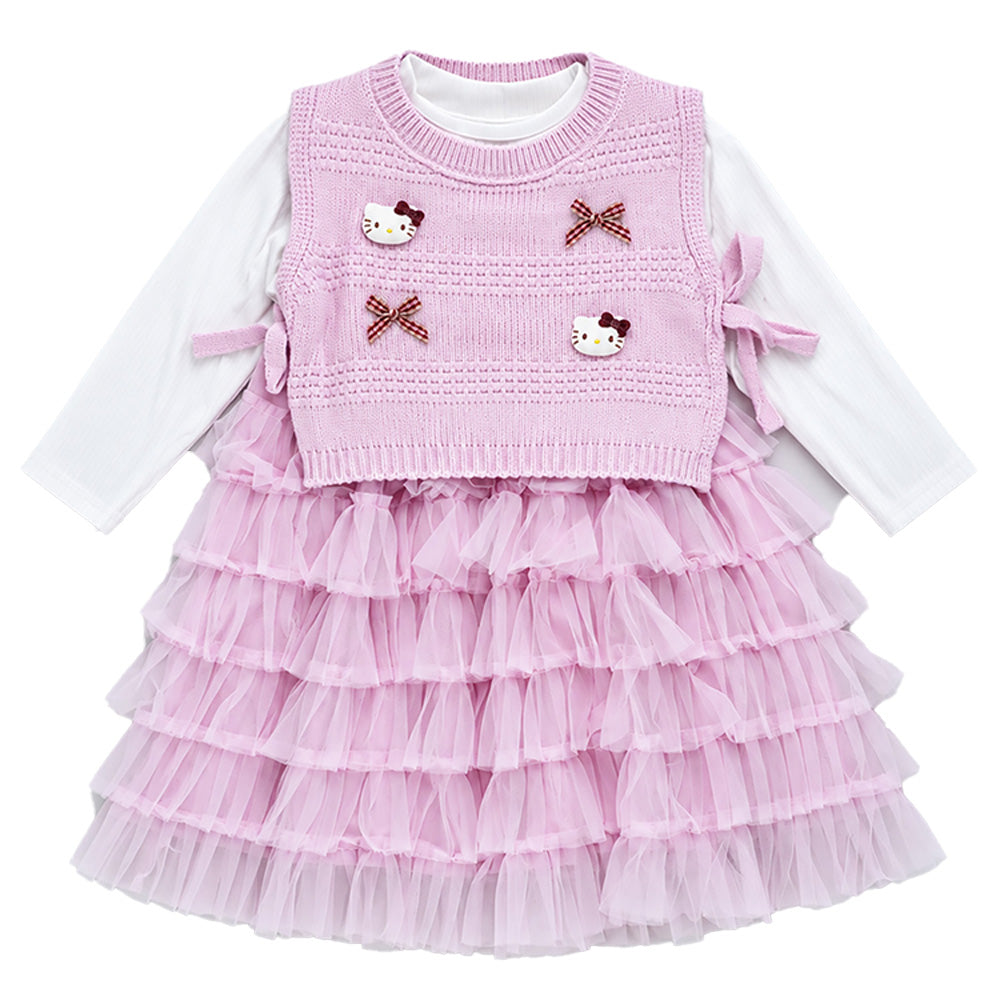 Little Surprise Box, Pink Kitty Knitted Vest & White-Pink Ruffle Frock Winterwear 2 Pcs Set for Girls