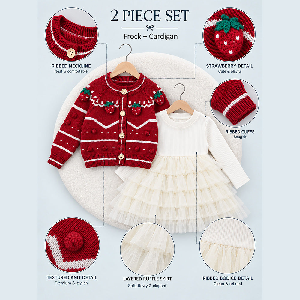 Little Surprise Box, Red Strawberry Cardigan & White-Ivory Ruffle Frock, Winterwear 2 Pcs Set for Girls