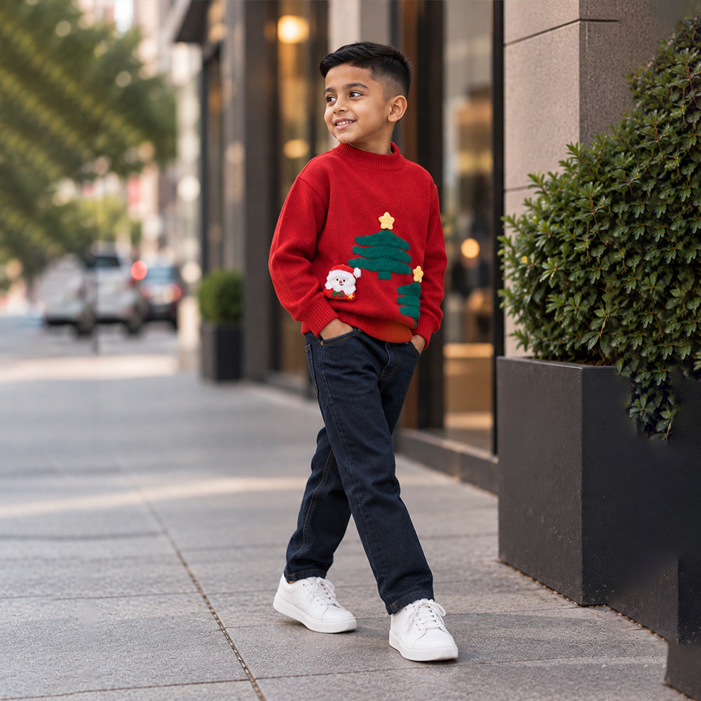 Little Surprise Box, Red Christmas 2 Tree & Santa Knitted Winter Cardigan, Christmas Sweater for Kids