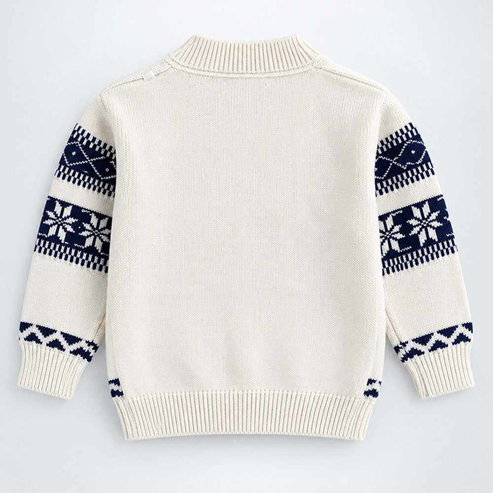 Little Surprise Box, Cream & Navy Blue Nordic Pattern Winter Cardigan Sweater for Kids