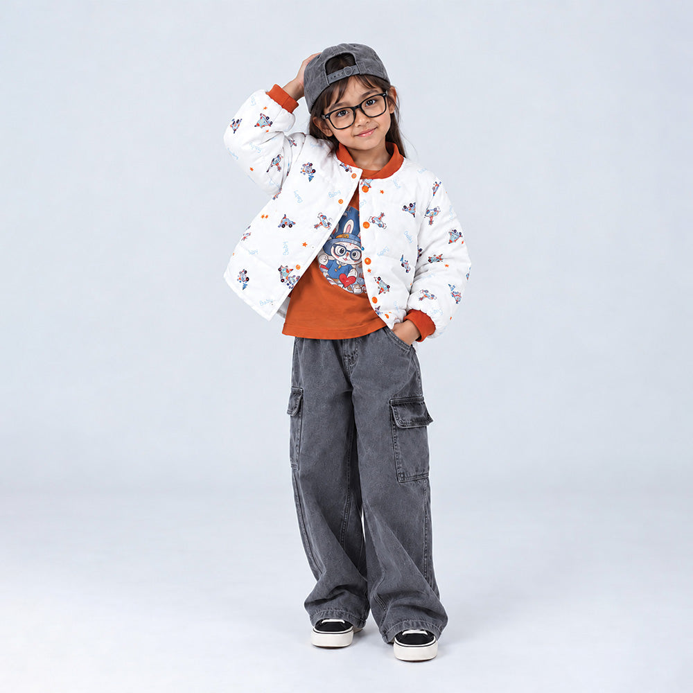 Little Surprise Box Ivory & Brown Plane Quilted Bomber Winter Jacket for Kids