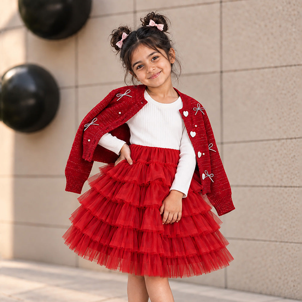 Little Surprise Box, Red Pearl & Silver Bow Cardigan & White-Red Ruffle Frock, Winterwear 2 Pcs Set for Girls