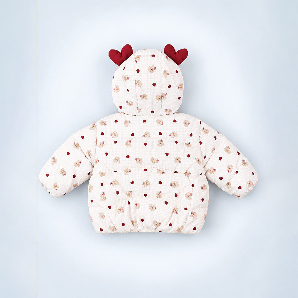 Little Surprise Box Cream & Maroon  Heart Teddy Quilted Hooded Winter Jacket for Kids