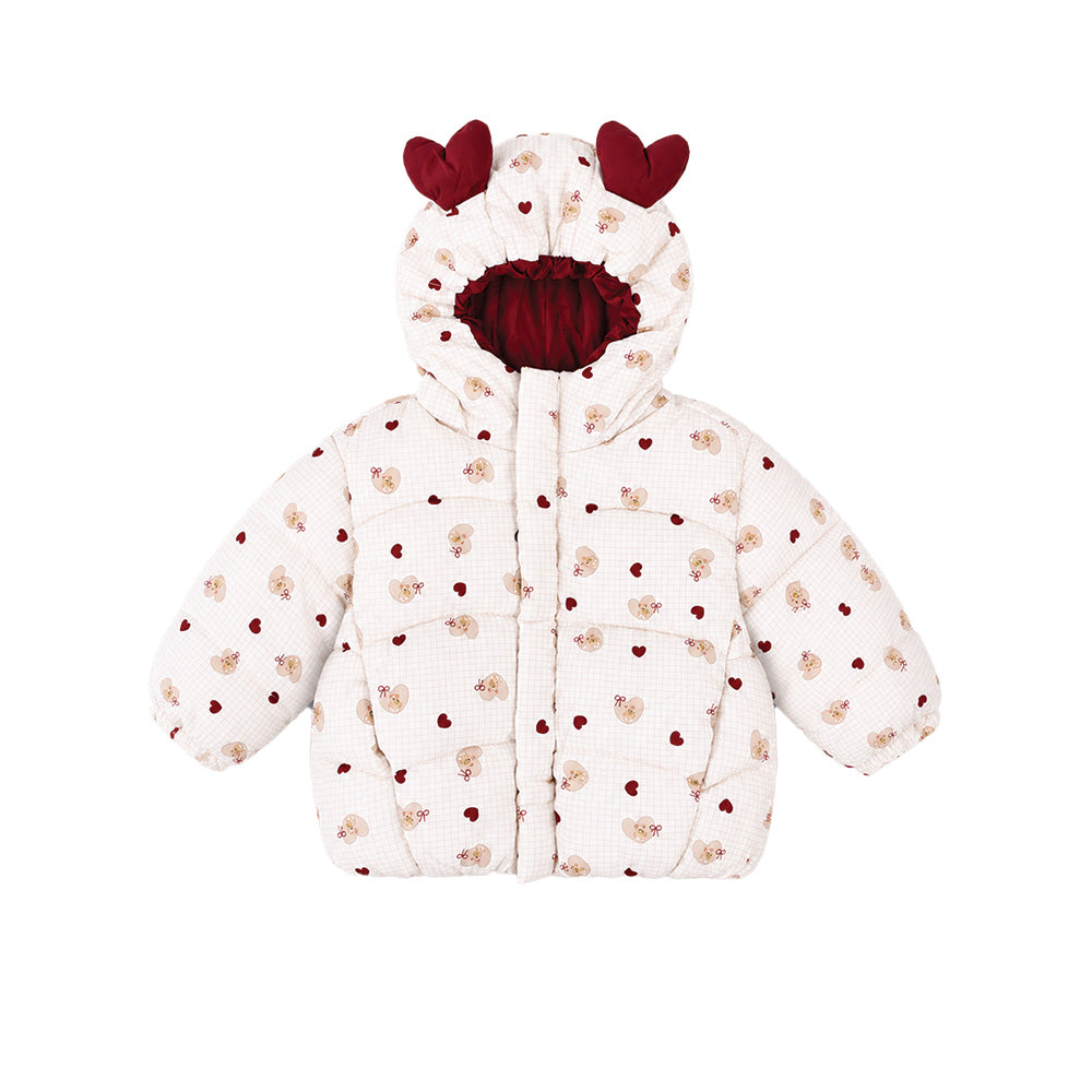 Little Surprise Box Cream & Maroon  Heart Teddy Quilted Hooded Winter Jacket for Kids