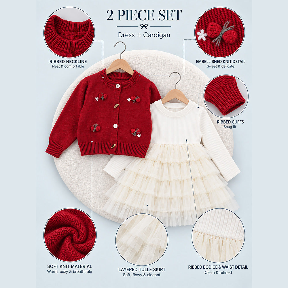 Little Surprise Box, Red 3D Bow Cardigan & White-Ivory Ruffle Frock, Winterwear 2 Pcs Set for Girls
