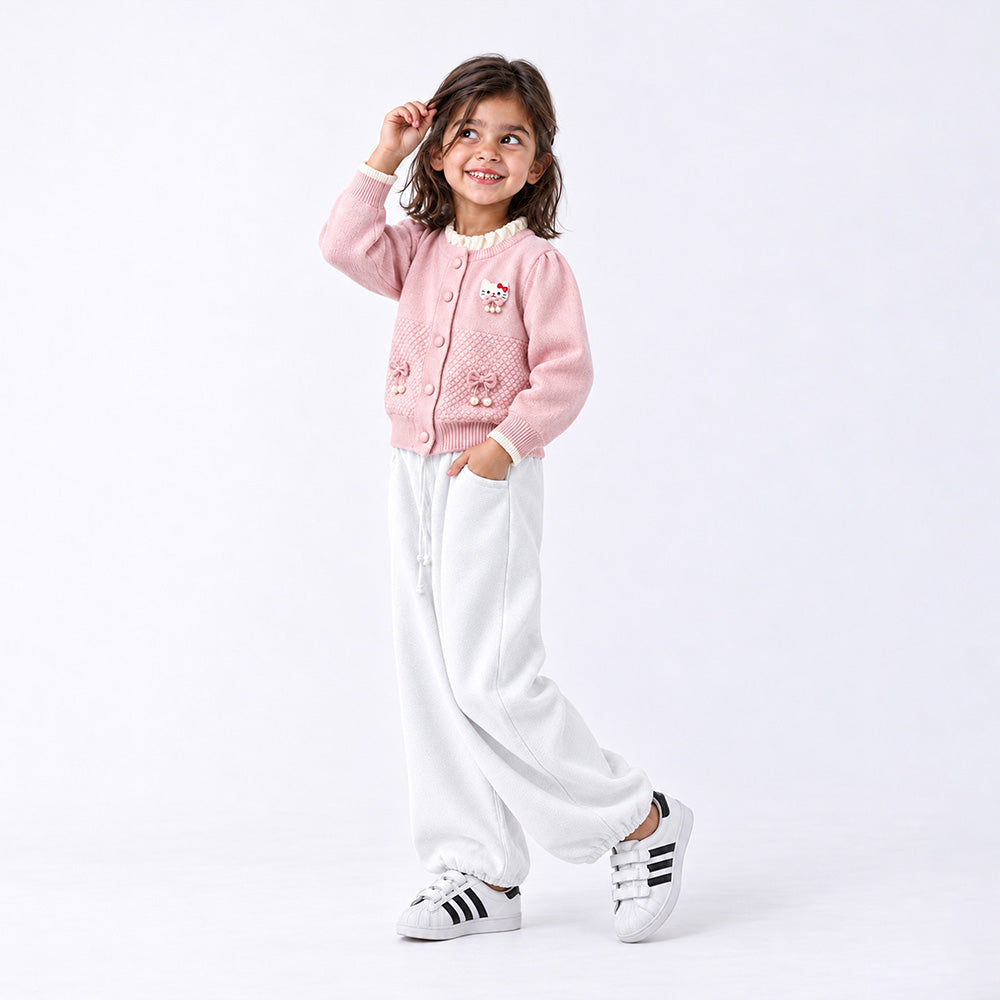 Little Surprise Box, Peach Ruffle Neck Cat Bow Knitted Winter Cardigan Sweater for Girls